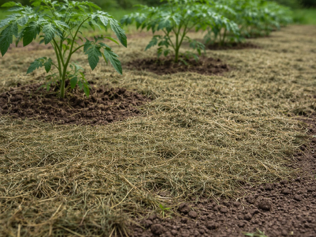 Herbe de tonte séchée en paillis au pied de plants de tomates, couche uniforme entre le sol et les tiges.