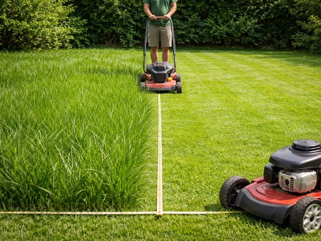 Pelouse avant/après : herbe plus haute à gauche, tonte plus courte à droite, chaîne de mesure au sol.