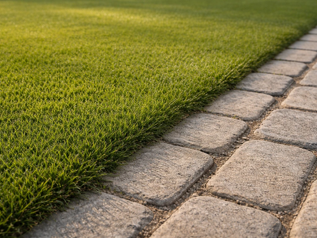 Pelouse très rase le long d’une bordure de pavés, repousse visible juste après la coupe.