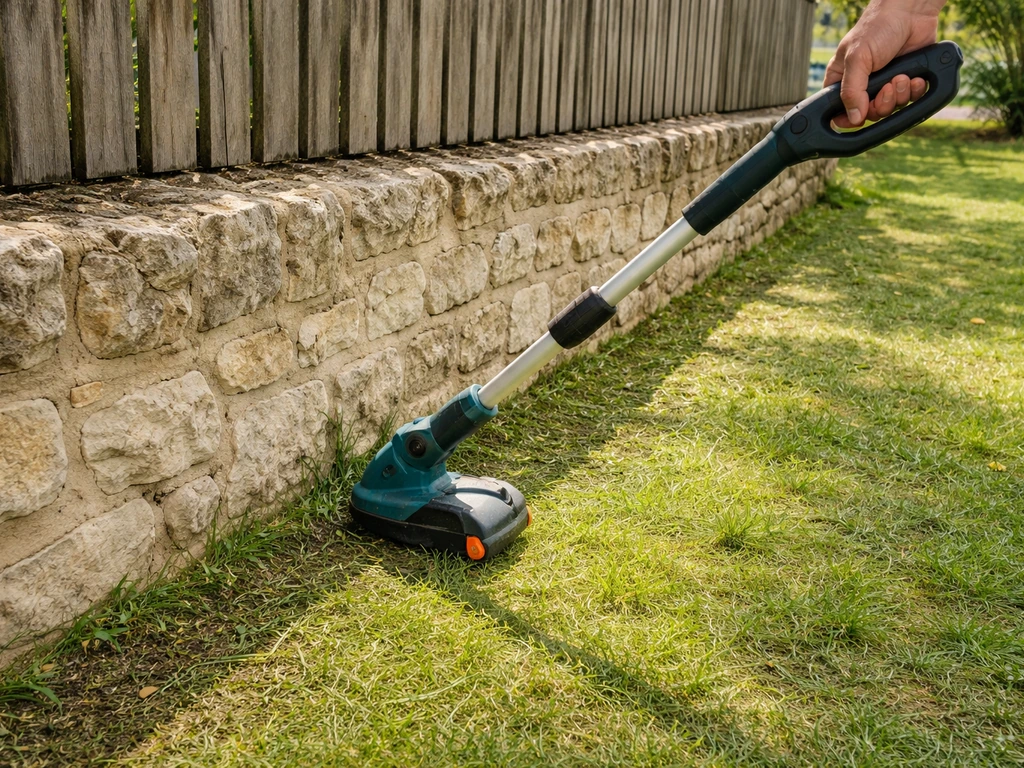 Vue au pied d’un mur avec l’herbe coupée au ras et un coupe-bordure électrique à tête orientable en action.