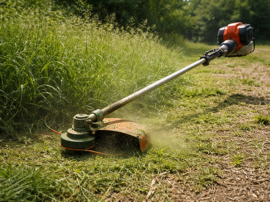 Débroussailleuse portative en action dans de l’herbe haute, lame visible et zone de coupe dégagée.