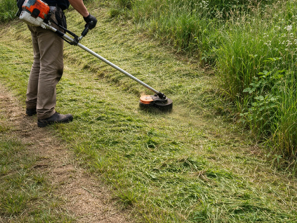 Débroussailleuse portative sur une pente, herbe fauchée en bandes transversales, vue réaliste et minimale.