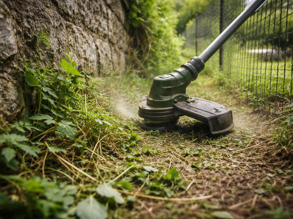 Débroussailleuse portative au ras d’un mur et d’une clôture, herbe dense dans une zone étroite.