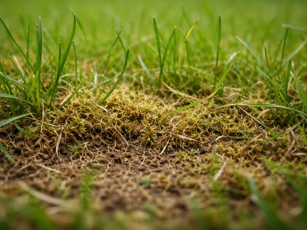 Gros plan de mousse et d’herbe entrelacées montrant l’épaisseur du chaume à la base du gazon.