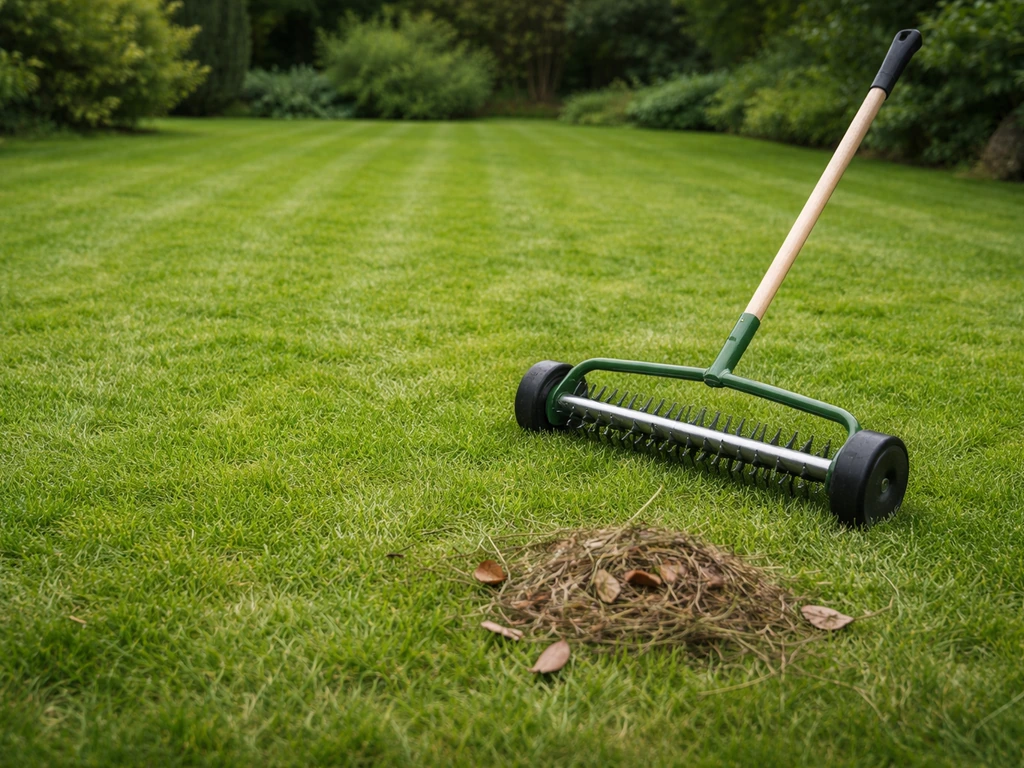 Pelouse fraîchement tondue à 3–4 cm, ramassage léger des débris avant l’usage d’un scarificateur