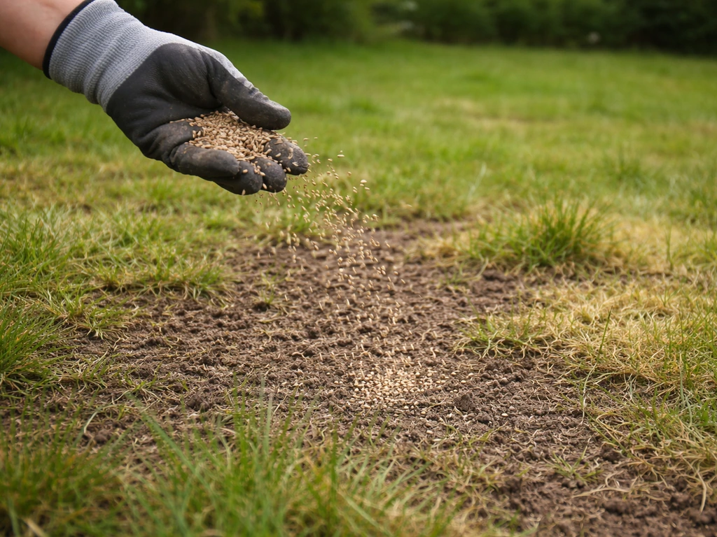 Main gantée qui éparpille des graines sur un gazon clairsemé après démoussage, jardin discret.