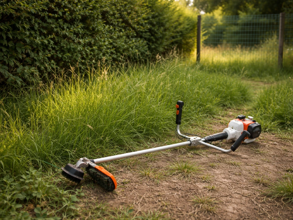 Herbe haute dans un jardin français, au premier plan une débroussailleuse posée au sol, vue réaliste