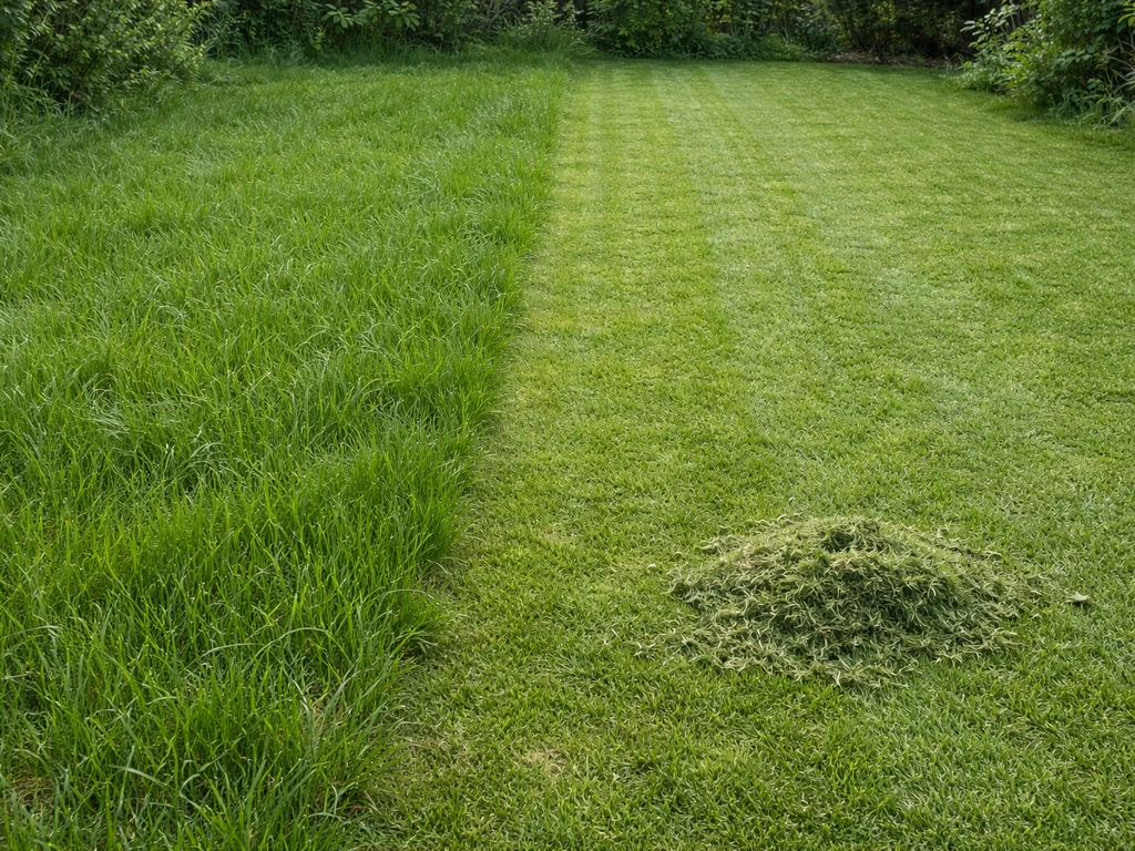 Pelouse après deux passes de coupe, herbe plus haute d’un côté et pelouse plus rasée de l’autre.