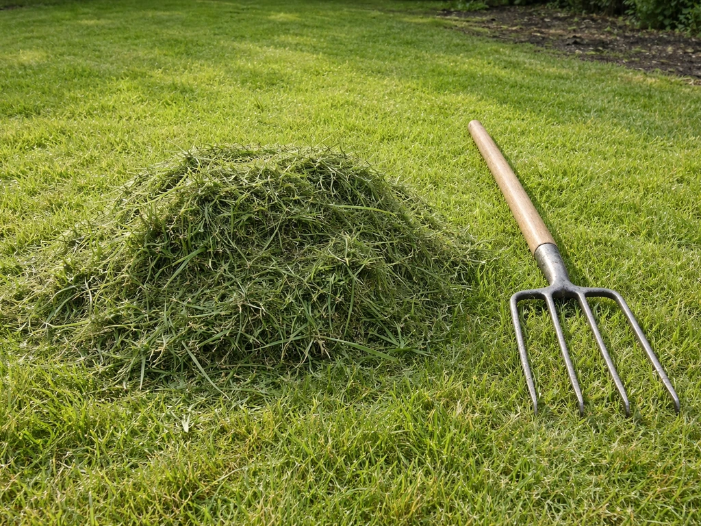 Herbe coupée en tas près du jardin, avec une fourche à côté, évoquant le ramassage et le compost.