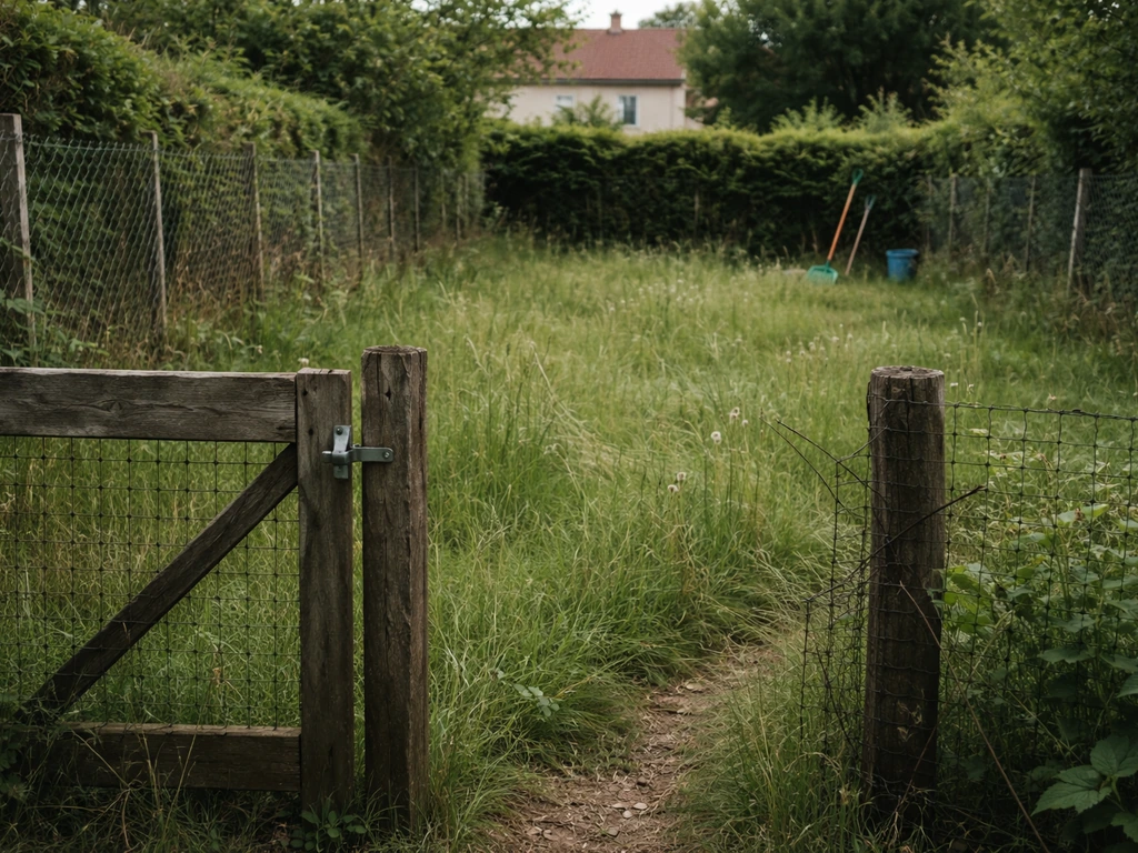 Herbe haute à la limite de propriété, clôture et porte au premier plan, ambiance de voisinage tendue mais calme.