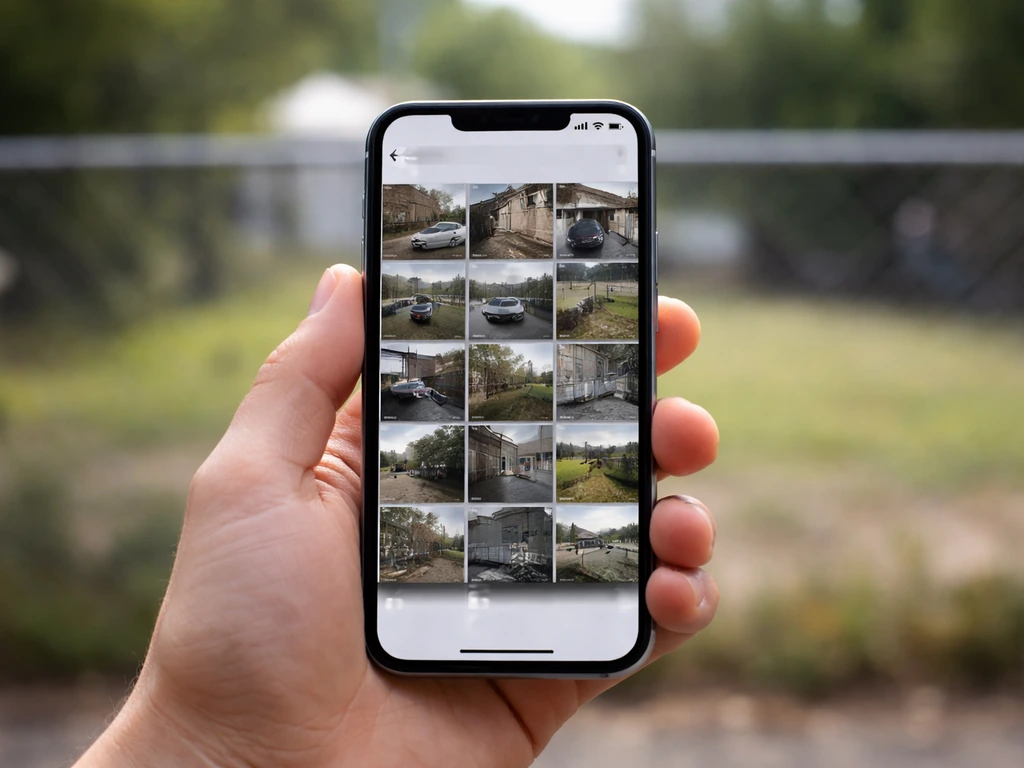 Un smartphone prend des photos d’un terrain, l’écran montre un message d’horodatage sans texte lisible.
