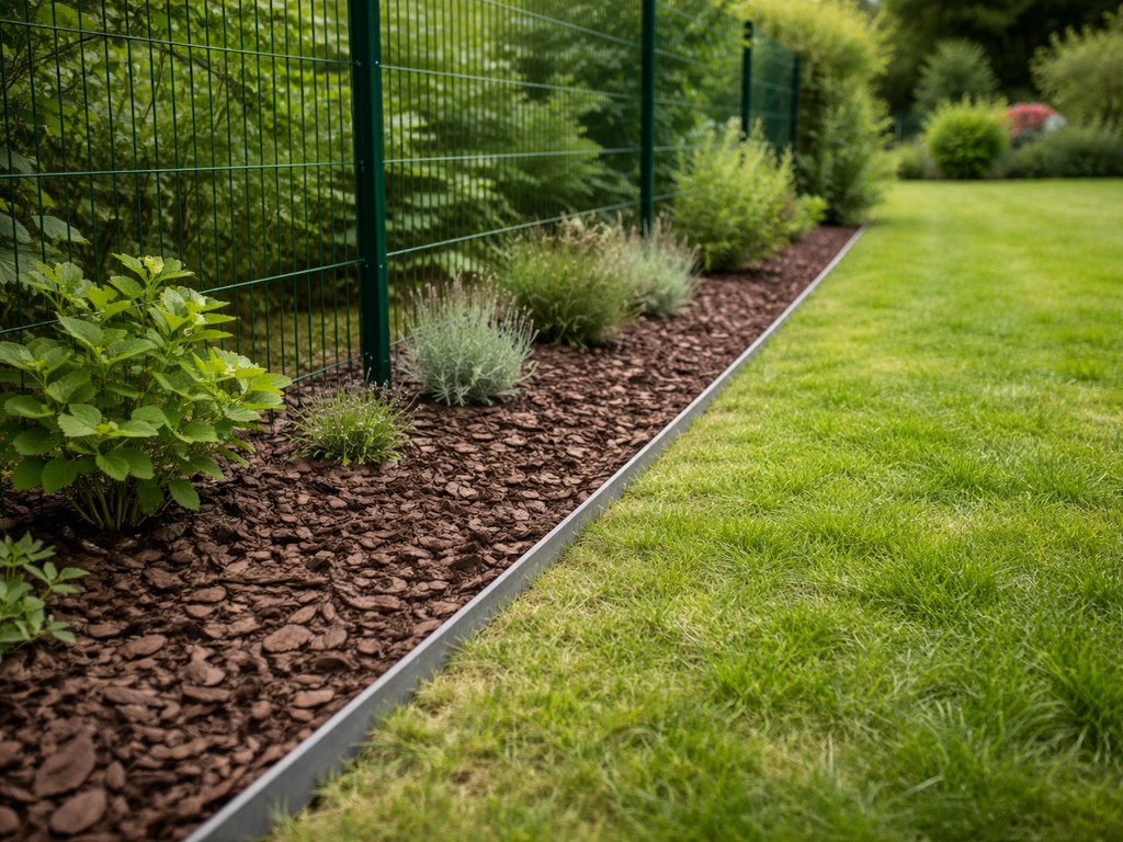 Bande de paillage et bordure le long d’une limite de propriété pour limiter la repousse de l’herbe.