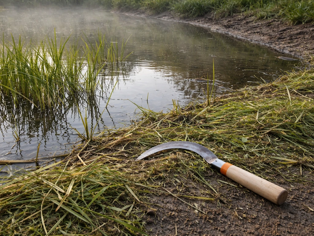 Berge de mare avec herbe et joncs immergés, outil de coupe posé sur la rive humide, scène réaliste.