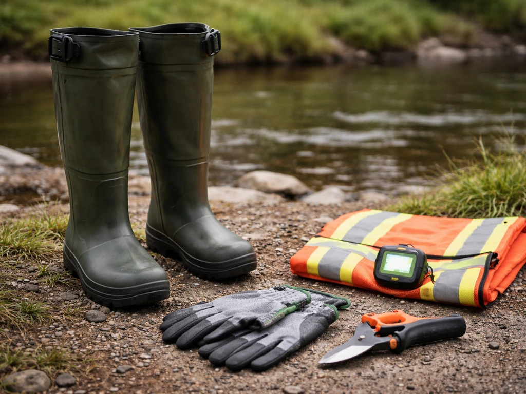 EPI posés près d’un outil de coupe : bottes montantes, gants anti-coupure, gilet et lampe au bord de l’eau.