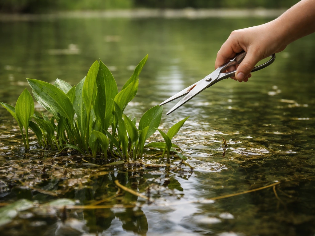 Gros plan d’une plante aquatique en mare, mains tenant des ciseaux fermés pour vérifier avant coupe.