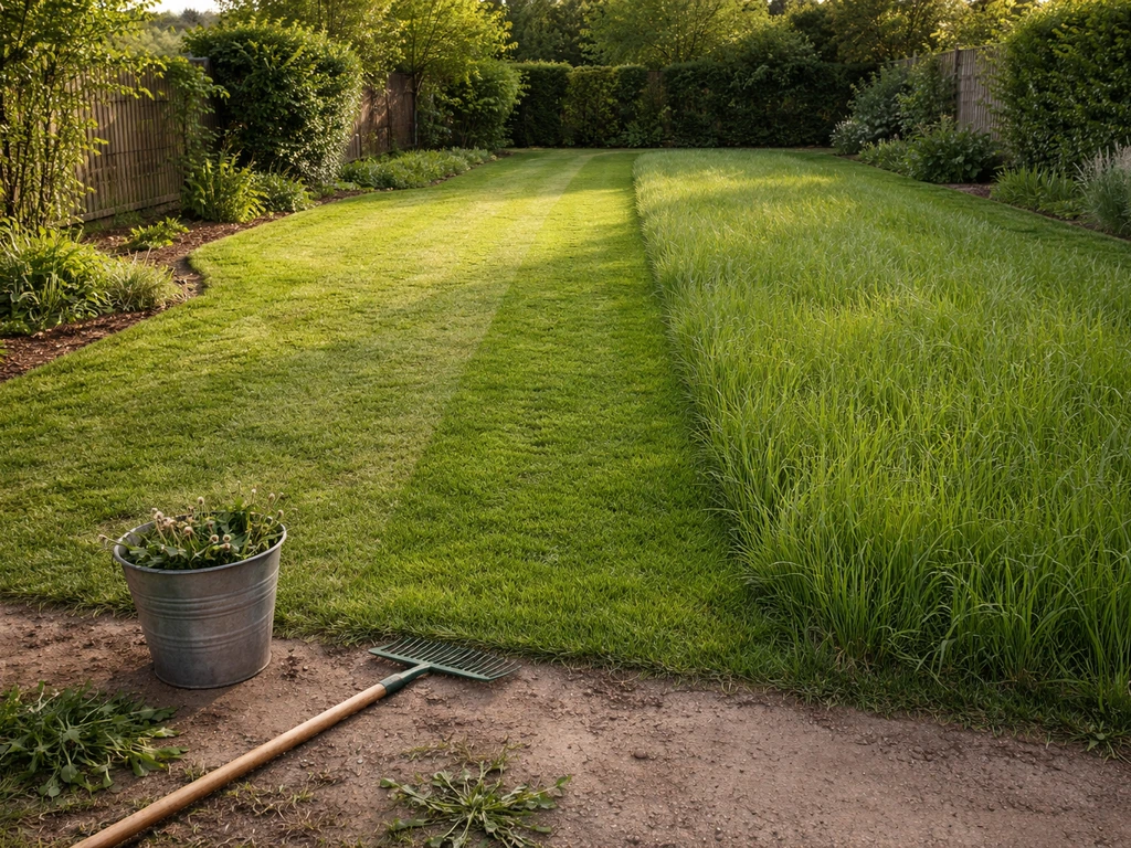Jardin domestique avec pelouse herbeuse fraîchement tondu, coupe nette et bordures propres