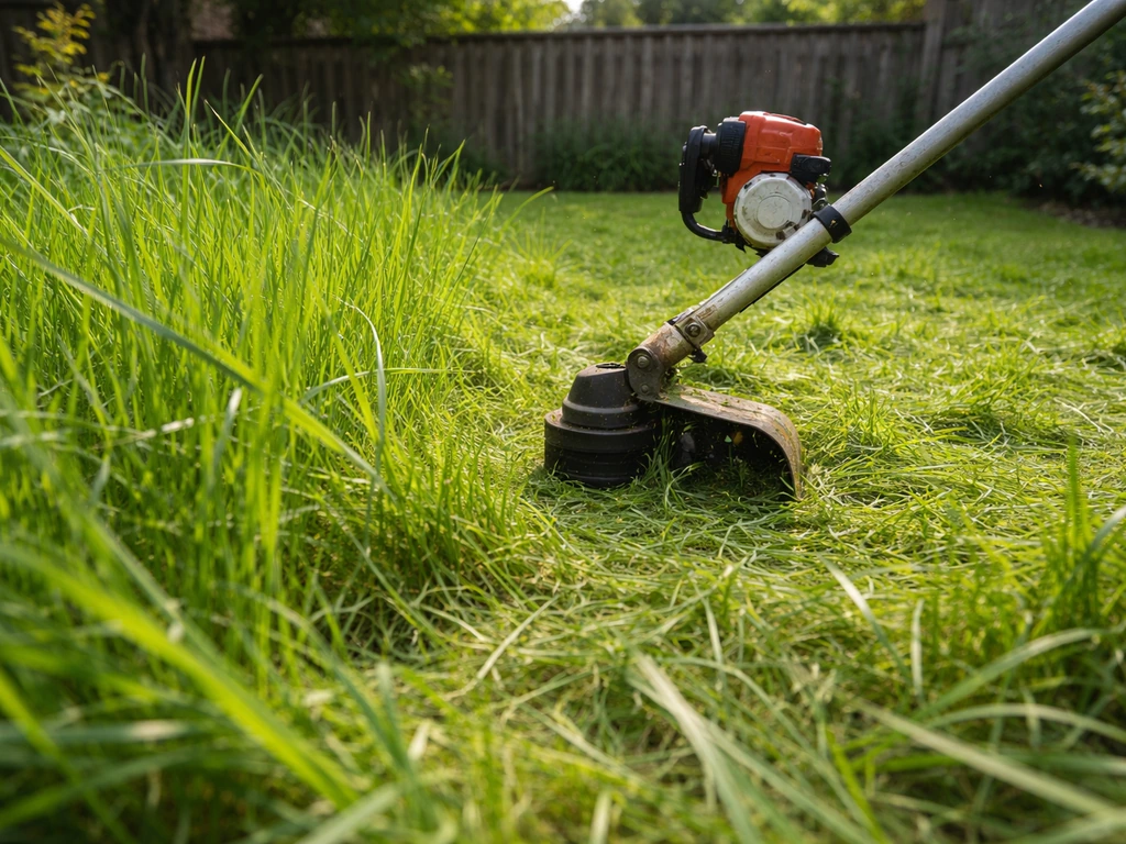 Débroussailleuse en action dans un jardin envahi d’herbes hautes, après une première remise en état.