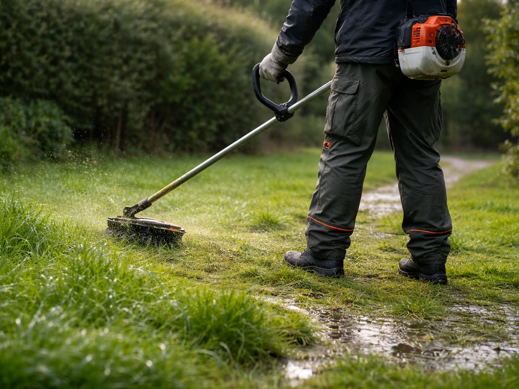 Débroussailleuse guidée par un opérateur sur une herbe humide couverte de rosée, jardin après pluie.