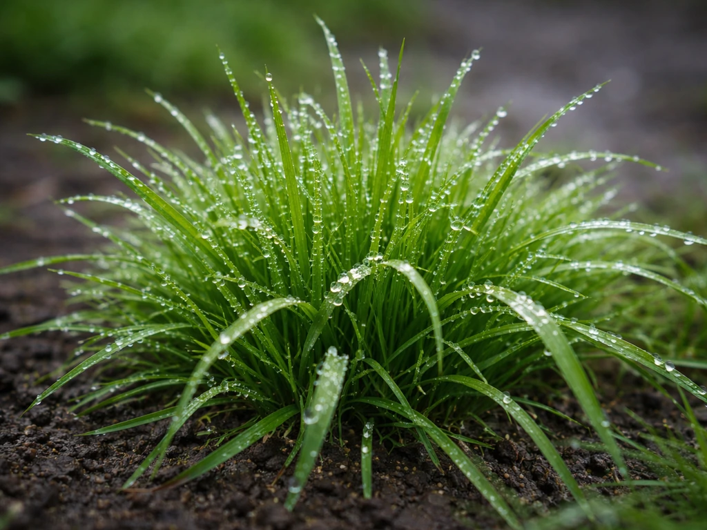 Gros plan d’herbe verte couverte de rosée et de petites gouttes, terrain humide, avant débroussaillage.