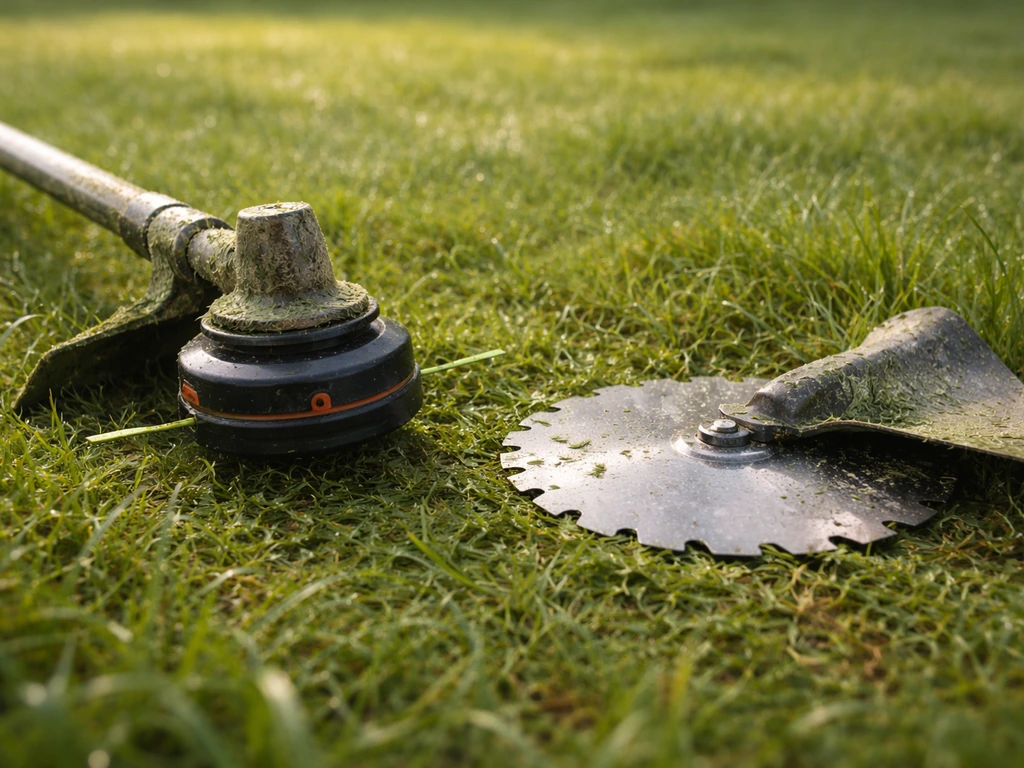 Coupe-herbe sur herbe humide avec tête à fil, lame métal posée à côté pour comparer.