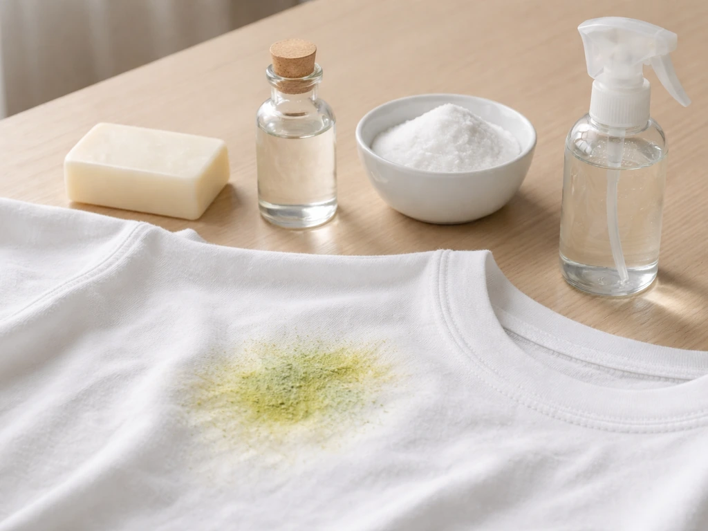 Vêtement taché d’herbe partiellement détachée, avec savon, vinaigre, bicarbonate et détachant enzymatique autour.