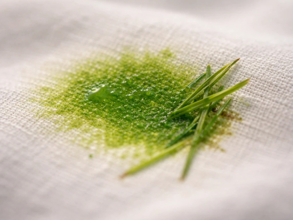 Macro d’un tissu avec une tache verte fraîche et des brins d’herbe, illustrant la salissure d’herbe fraîche