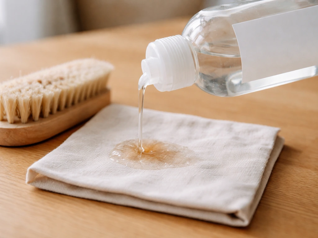 Gros plan d’un détachant enzymatique appliqué sur une tache de tissu, avec brossage délicat avant lavage.