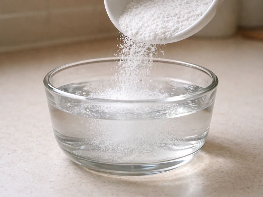Cristaux blancs de percarbonate dissous dans de l’eau tiède, vu de près dans un récipient en verre.