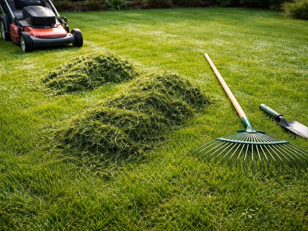 Herbe tondue en andains près d’une tondeuse, avec râteau et pelle à main sur une pelouse humide.