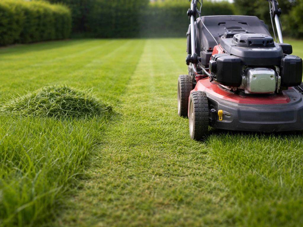 Tondeuse à gazon en action sur une pelouse, herbe propre et hauteur bien préparée avant le ramassage.