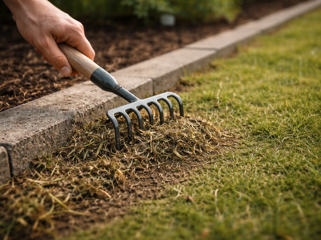 Vue rapprochée de résidus d’herbe à ratisser, près d’une bordure et d’angles, avec un râteau