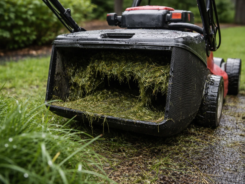 Bac de tondeuse rempli d’herbe humide en paquets qui semble s’obstruer après la tonte.