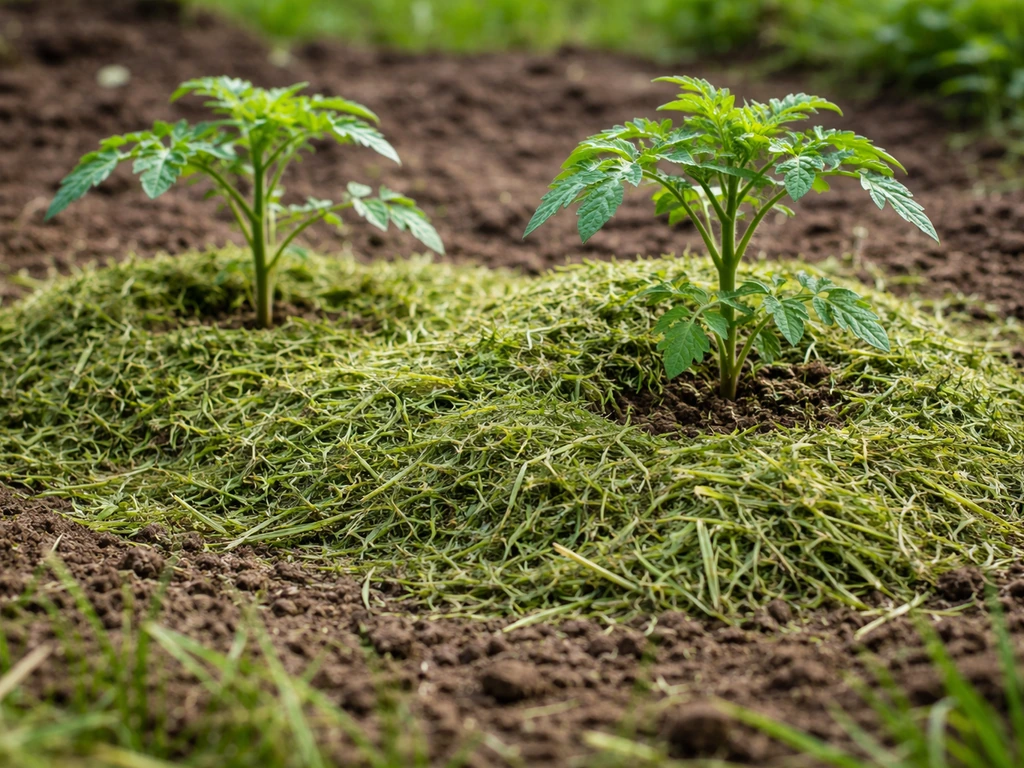 Culche d’herbe tondue déposée au pied de plants dans un potager, paillage naturel de 3 à 5 cm.