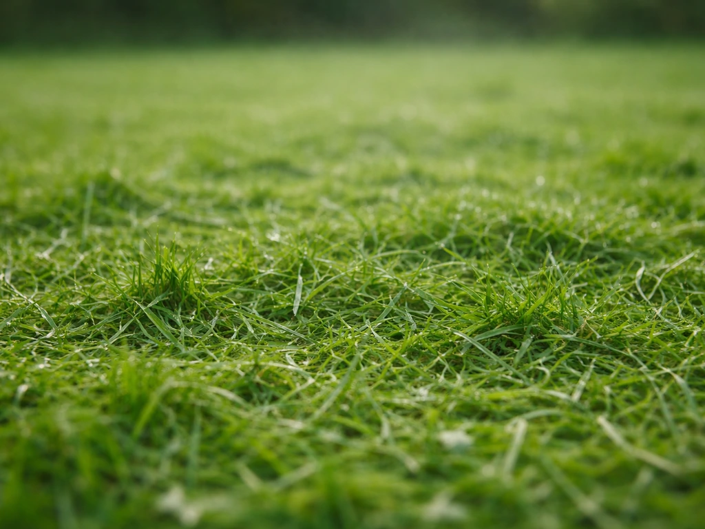Pelouse fraîchement tondue en plongée, brins d’herbe coupée visibles et micro-particules suggérant l’odeur