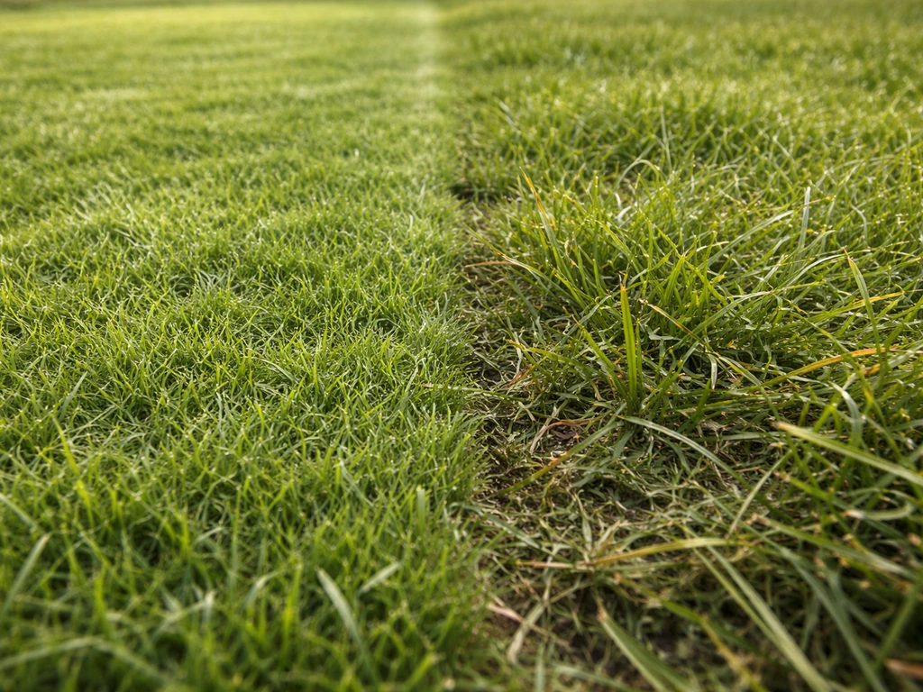 Deux zones de pelouse côte à côte : herbe verte coupée vs herbe trop haute qui commence à fermenter