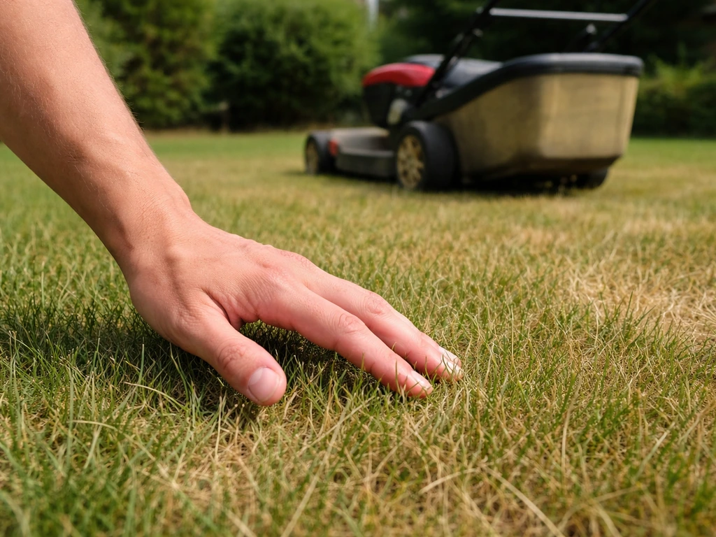 Main passant dans les brins d’herbe pendant la tonte, tondeuse en arrière-plan, herbe visiblement sèche