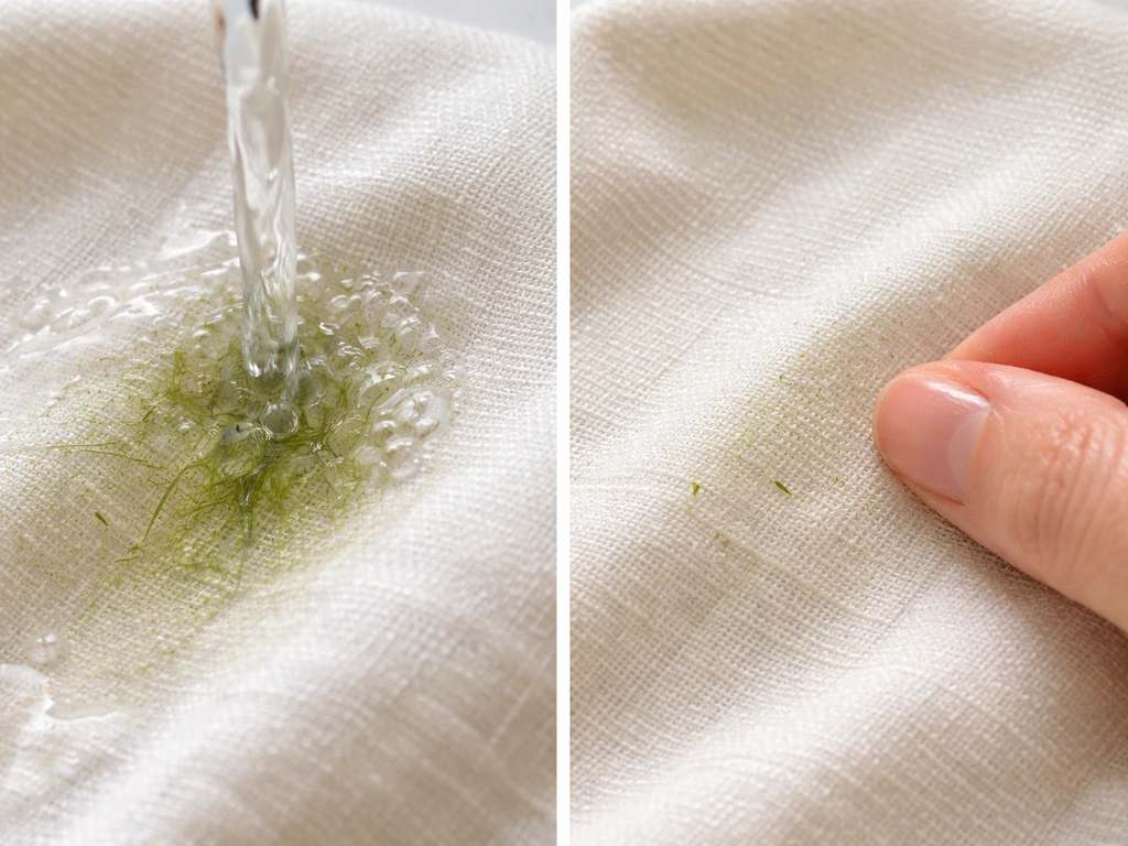 Avant/après sur tissu : rinçage à l’eau froide puis frottage, la tache d’herbe est nettement atténuée.