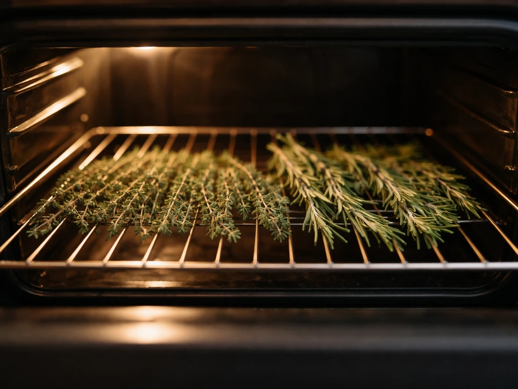Brins de thym et de romarin sur une grille dans un four entrouvert à basse température
