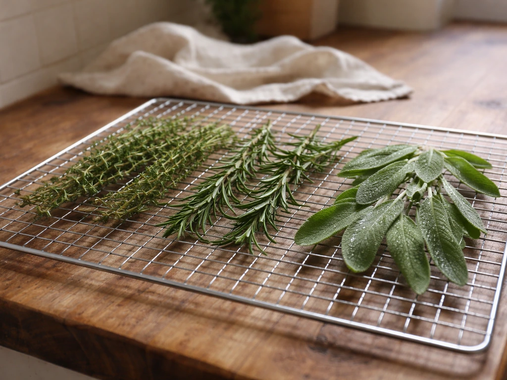 Brins d’herbes fraîches fraîchement récoltées étalés sur une grille avant d’enfourner, aspect naturel