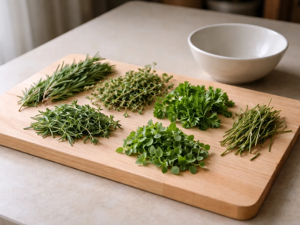 Brins d’herbes triés, tiges épaisses écartées, posés dans un petit plateau près d’un bol de séchage.