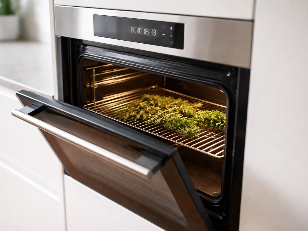 Four de cuisine avec porte entrouverte, lumière douce et thermomètre réglé pour un séchage à basse température