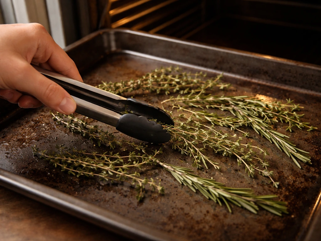 Herbes aromatiques dans un four, retournées à mi-cuisson avec une pince, feuilles légèrement humides