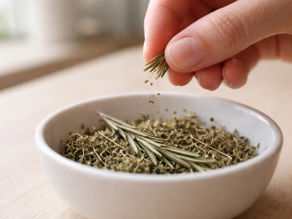 Des doigts émiettent du thym et du romarin séchés dans un bol, montrant le craquant des herbes.