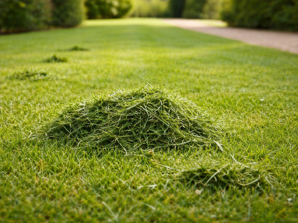 Pelouse fraîchement tondue avec des brins d’herbe coupée au premier plan, dans un jardin calme en France.