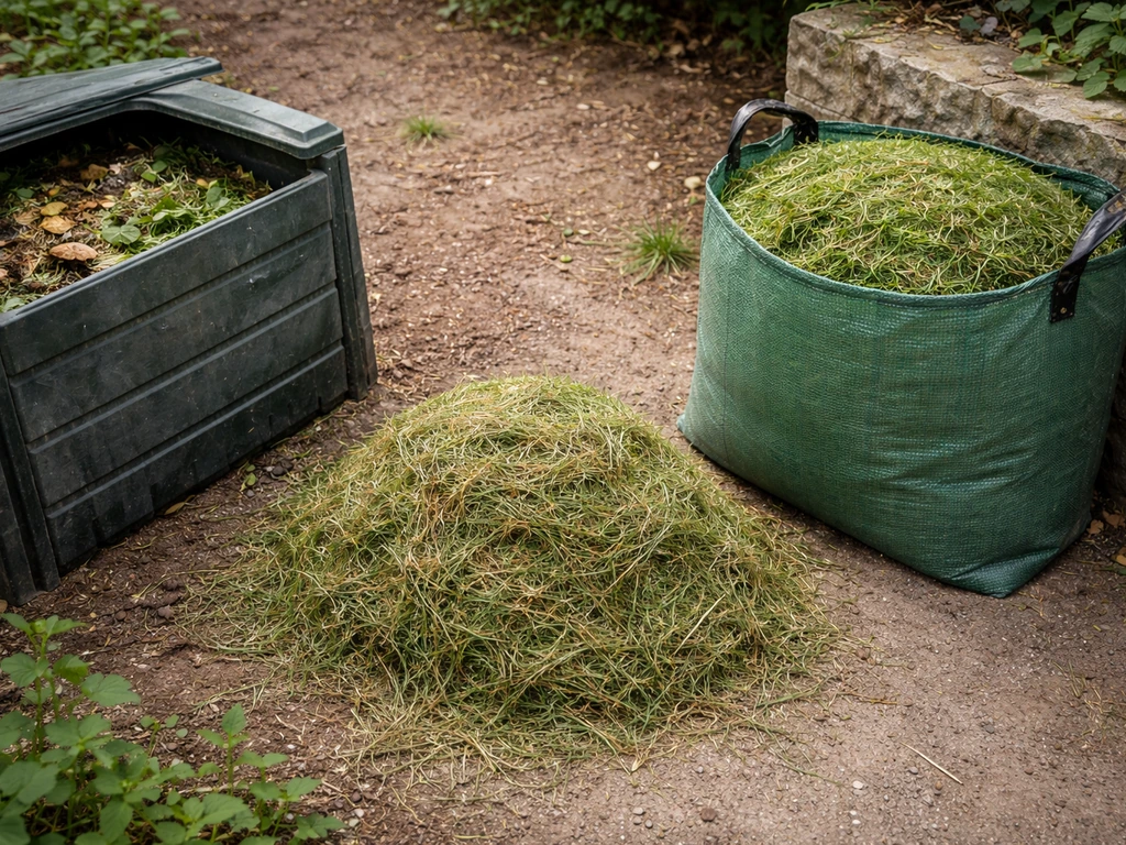 Vue rapprochée de trois options : compost, paillage et sac de déchets verts prêt à déposer.