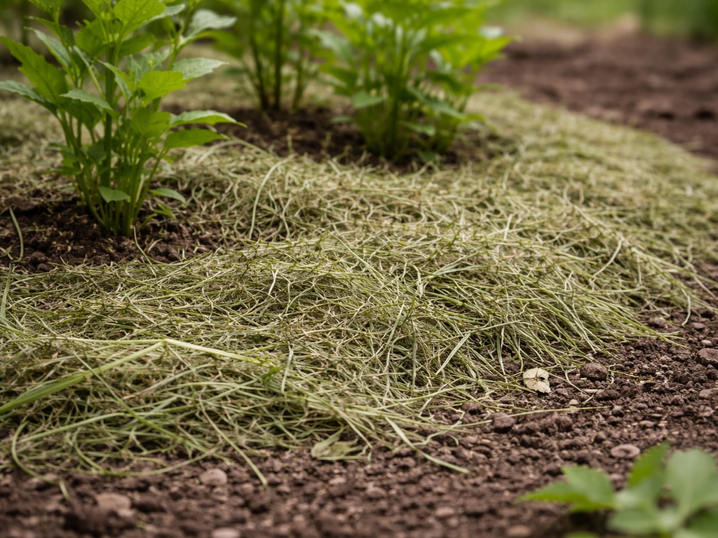Herbe coupée légèrement séchée étalée en paillis au pied de plantes, texture des brins bien visible.