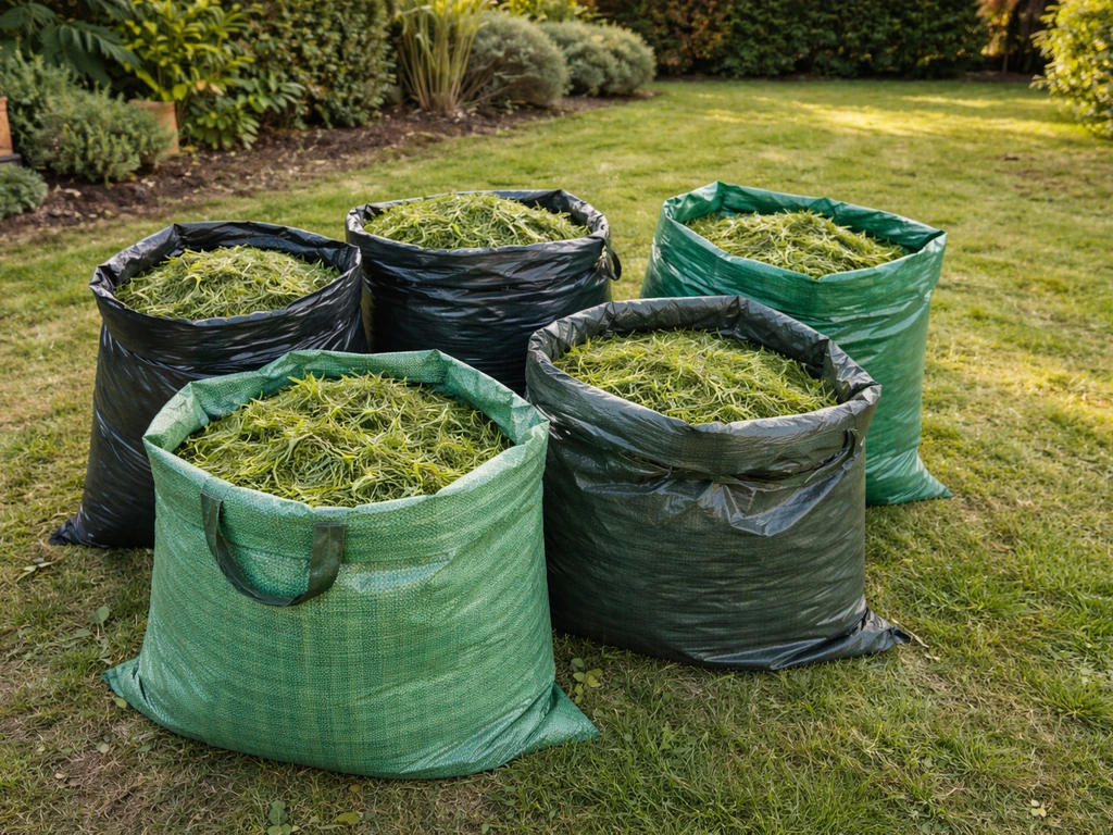Sacs d’herbe fraîche ouverts et ventilés dans un jardin, avec la matière bien visible avant dégradation.