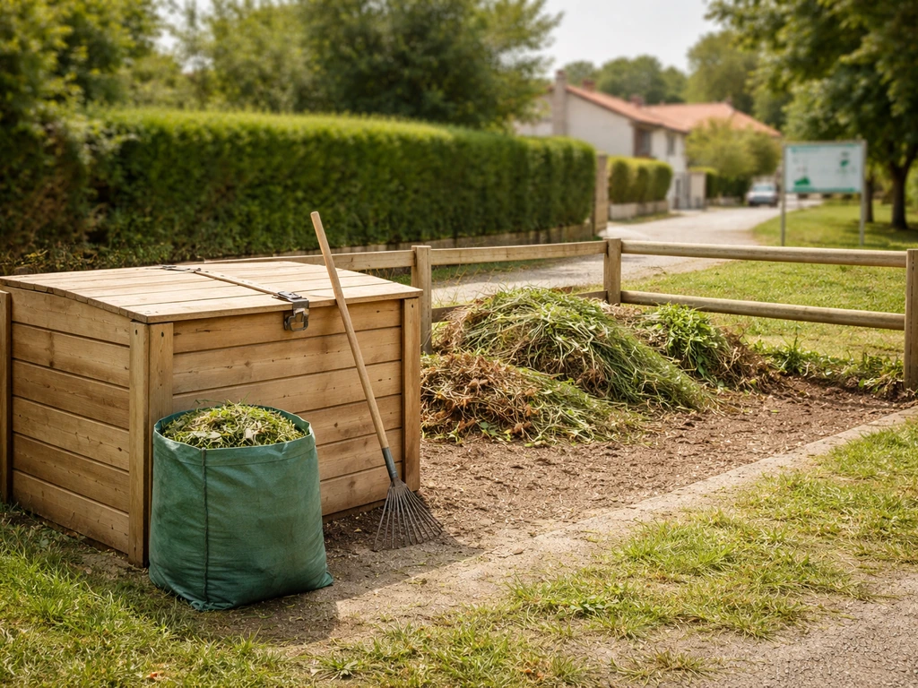 Espace de compostage propre avec bac à compost et déchets verts, panneau municipal flouté en arrière-plan.