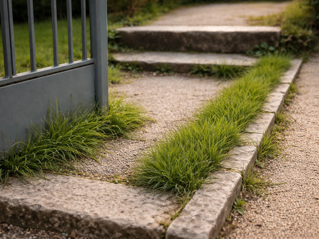 Allée de jardin avec herbe envahissante au pied d’un portillon, le long d’une bordure et autour d’une marche.