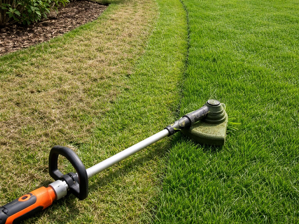 Bande d’herbe trop ras à gauche vs coupe correcte à droite, après usage d’un coupe-bordures.